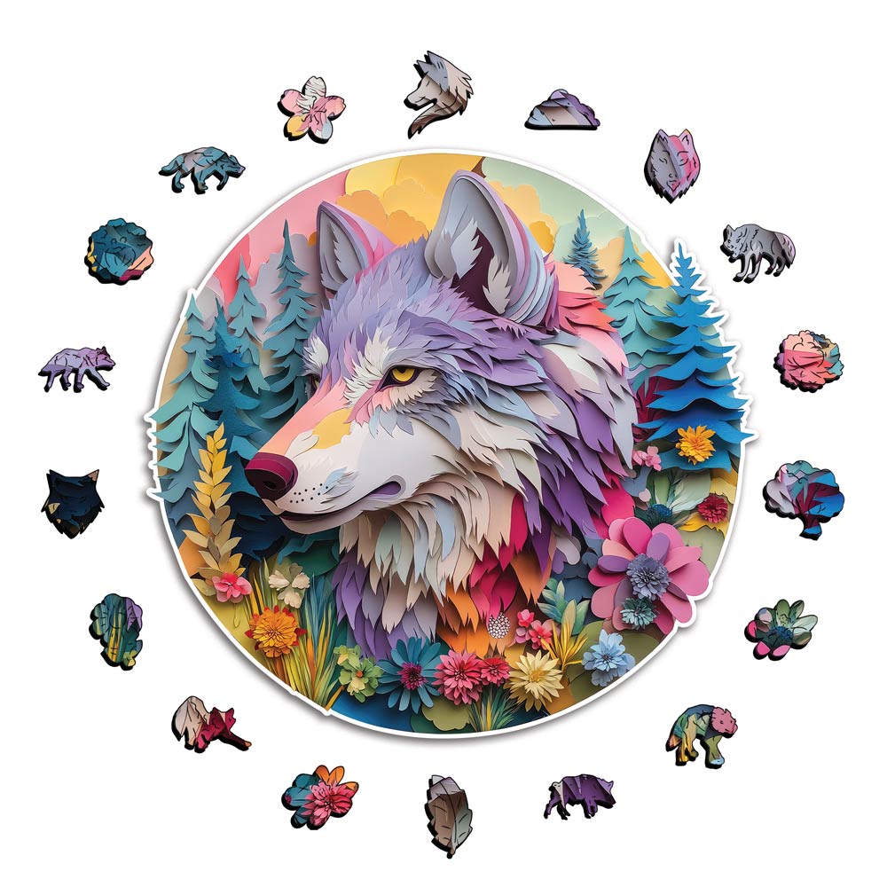 Puzzle en bois – Loup en fleur